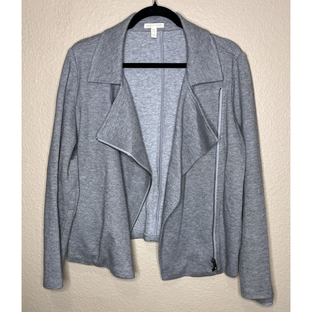 Eileen Fisher Grey Herringbone Organic Cotton Asymmetrical Zip Moto Jacket